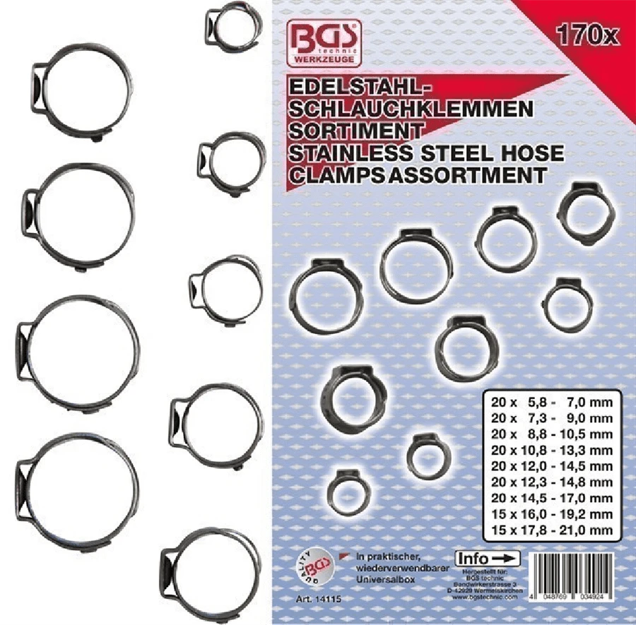 BGS Edelstahl-Schlauchklemmen-Sortiment | Ø 5,8 - 21 Mm | 170-tlg. – 14115 3 BGS Edelstahl-Schlauchklemmen-Sortiment | Ø 5,8 - 21 Mm | 170-tlg. – 14115