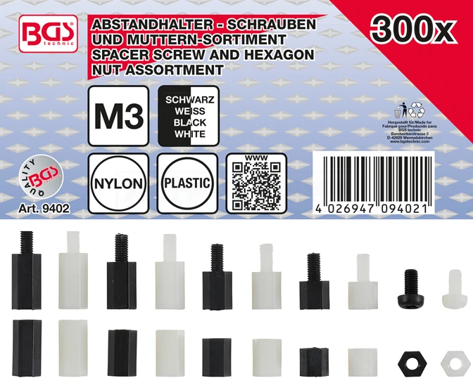 BGS Abstandhalter-Schrauben Und Sechskant-Muttern-Sortiment | Nylon | 300-tlg. – 9402 3 BGS Abstandhalter-Schrauben Und Sechskant-Muttern-Sortiment | Nylon | 300-tlg. – 9402